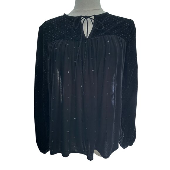 2/$30 Zara Black M Velvet  Sheer Long Sleeve Embellished Blouse Neck Tie - Picture 8 of 13